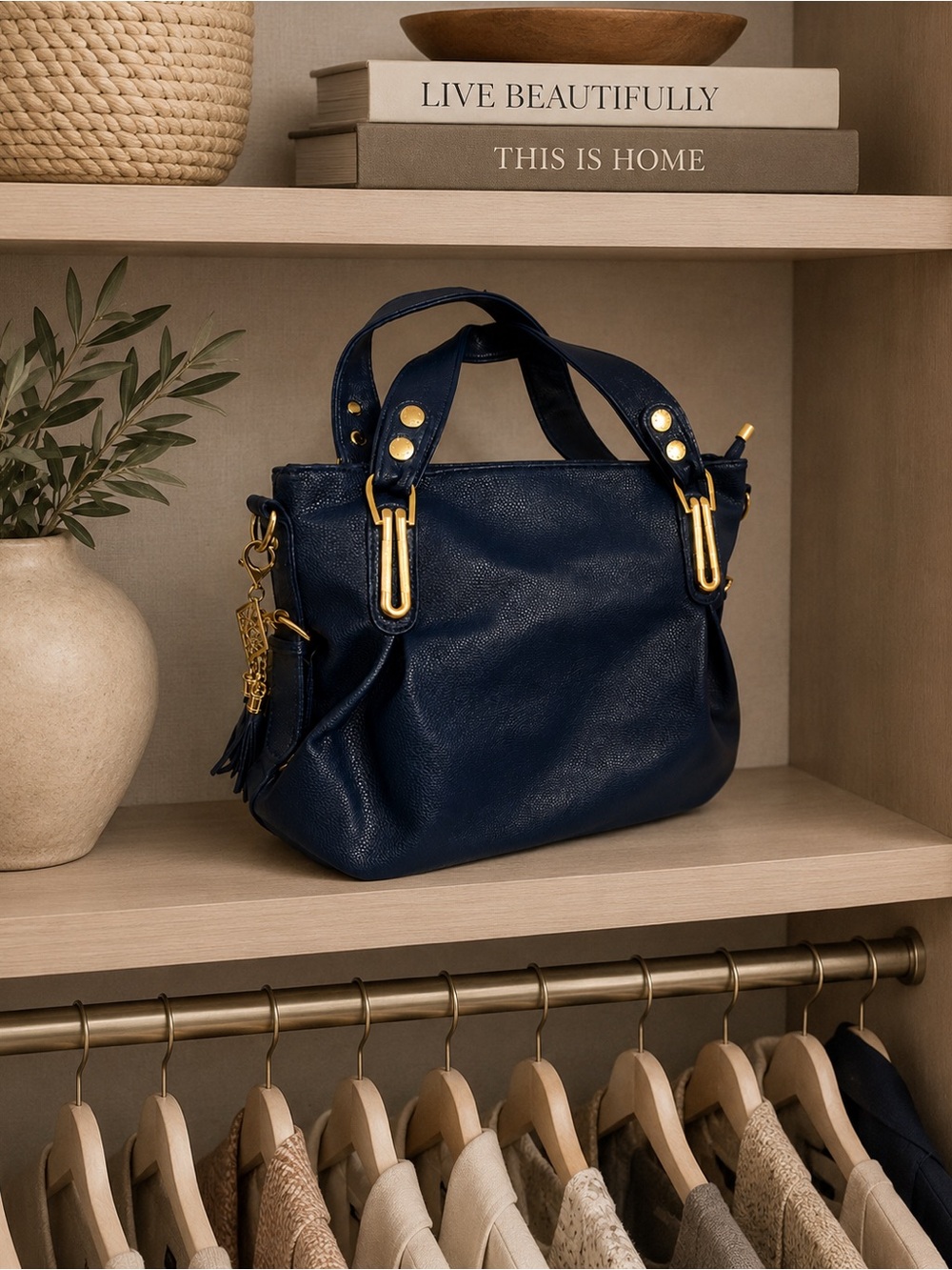Kiss Angle / Angel Kiss Navy Blue Pebble Faux Leather Tote Shoulder Bag